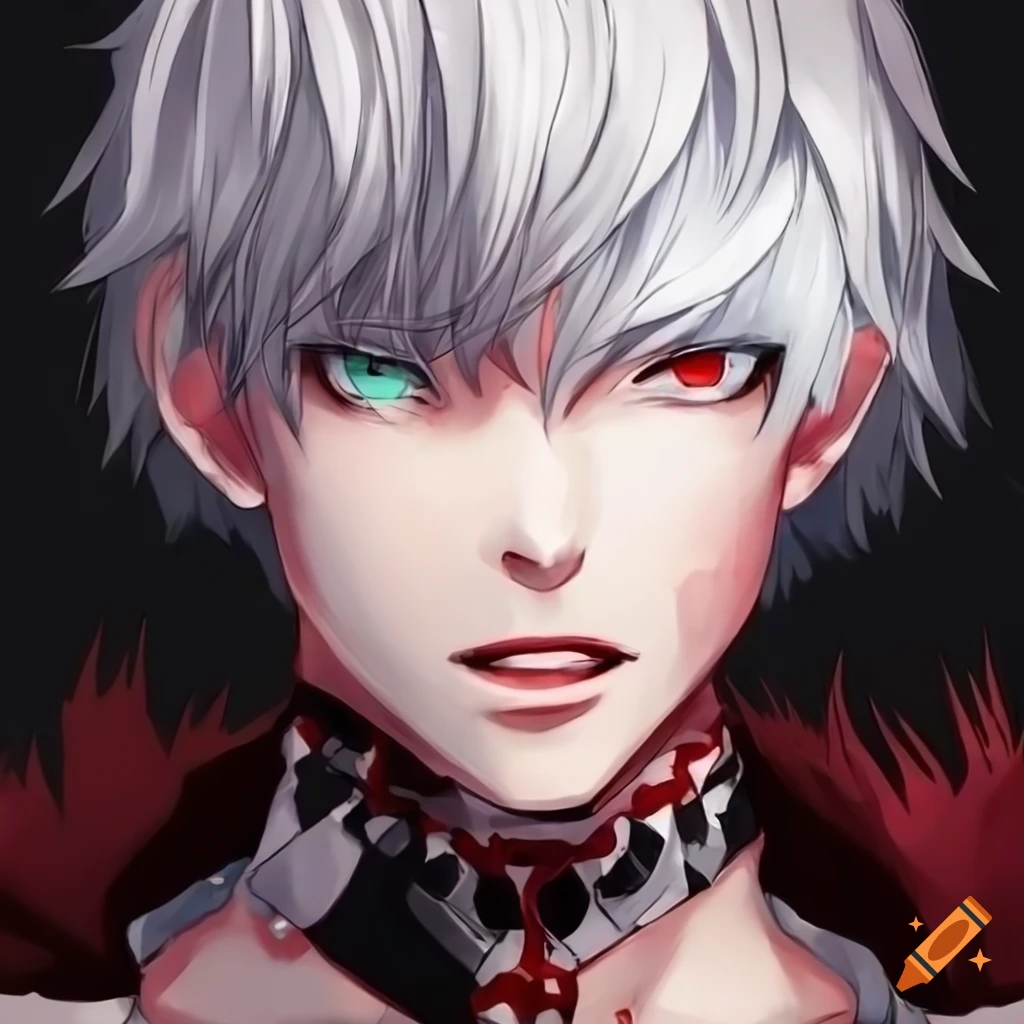 Hand drawn anime character with white hair and red eyes, male