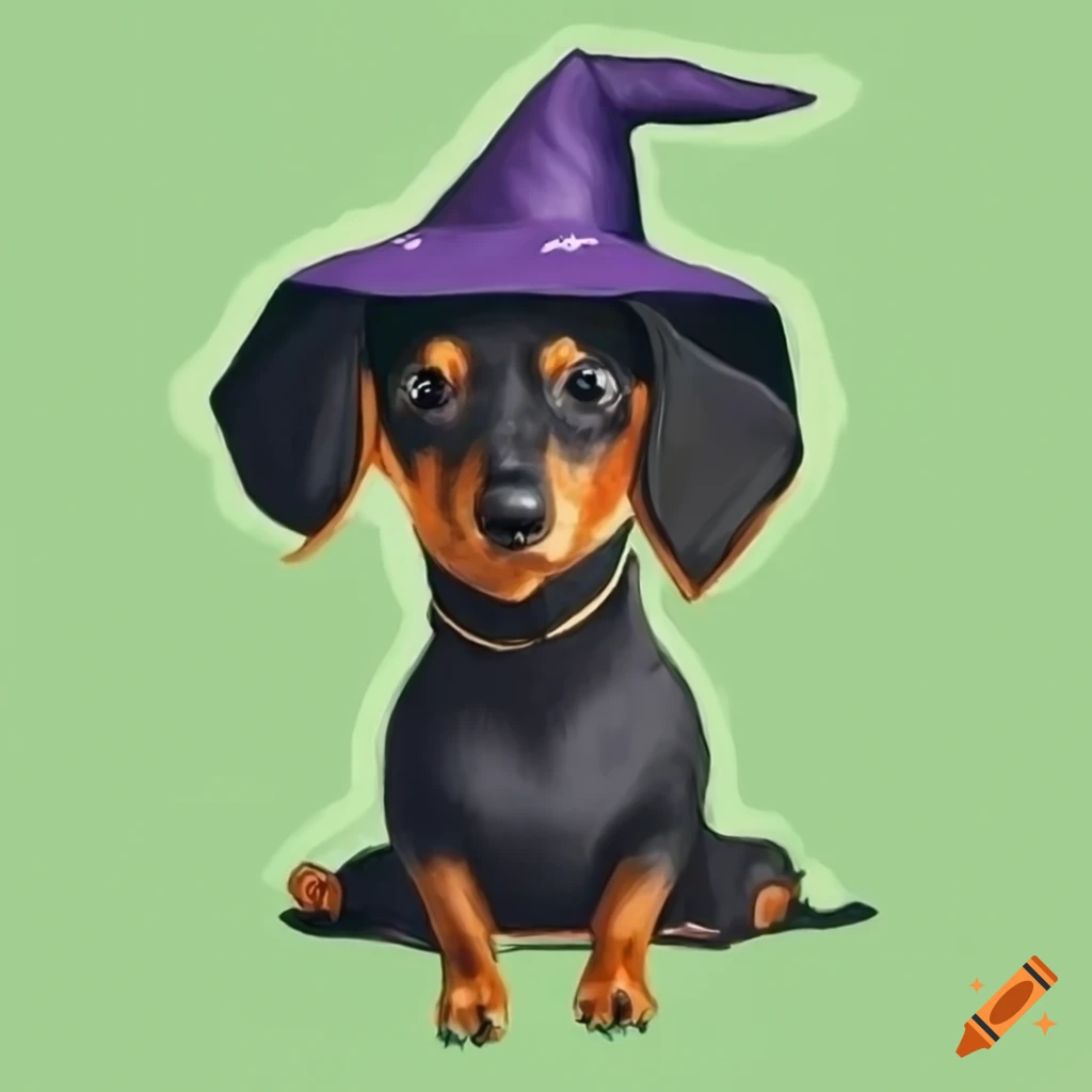 Black and tan dachshund wearing a wizard hat in Studio Ghibli style