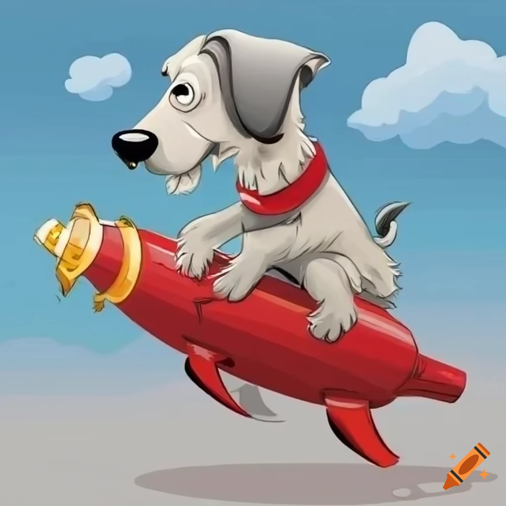 Cartoon of a white dog riding a red rocket