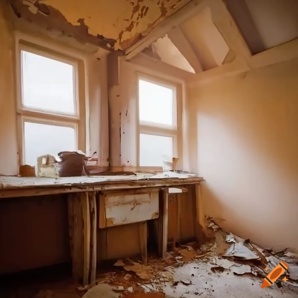 Foggy abandoned attic kitchen with skylights and peeling paint