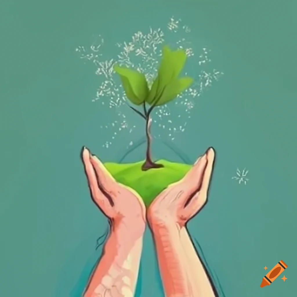 Hands nurturing a growing tree on Craiyon