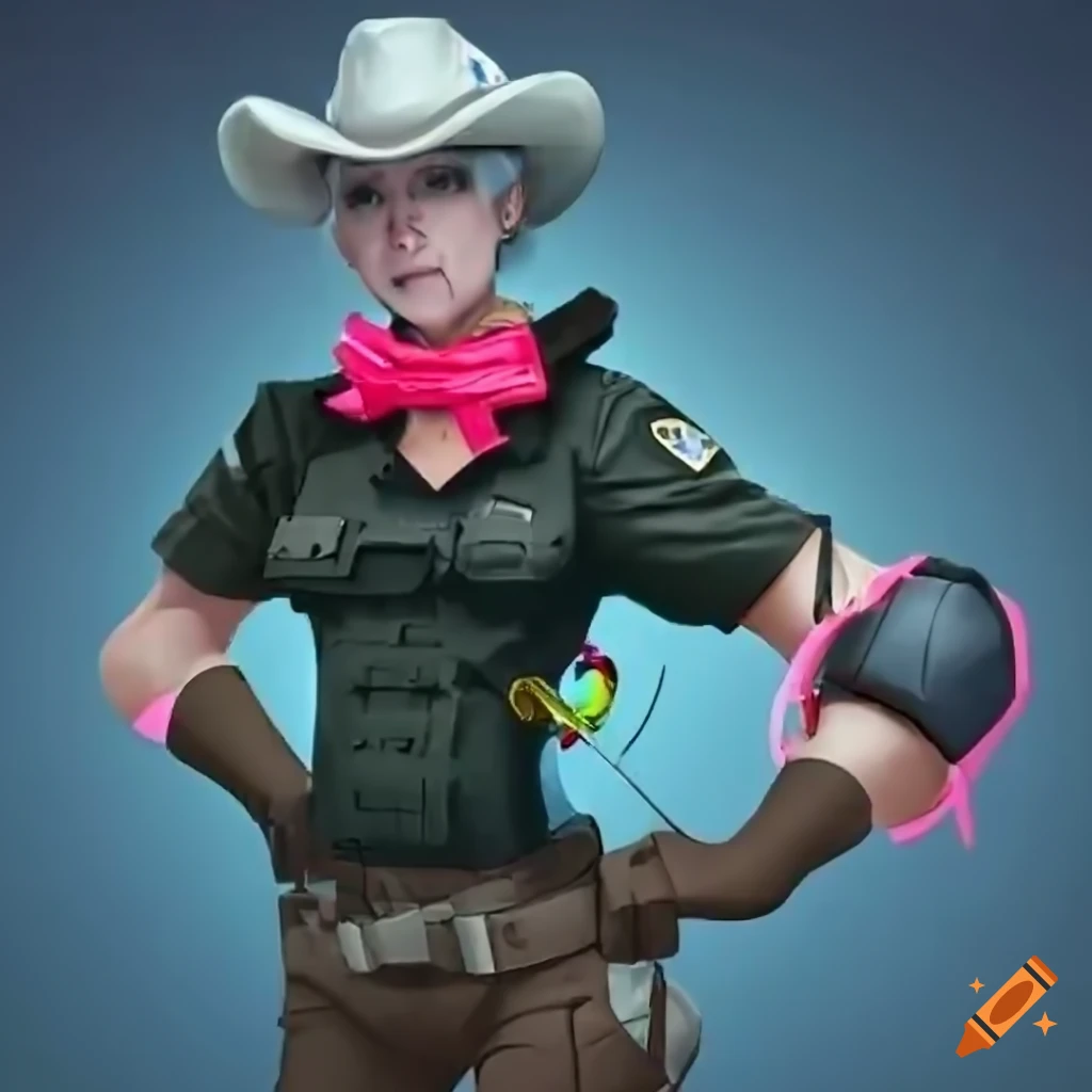 Confident female sheriff in all black outfit with hot pink accessories on  Craiyon