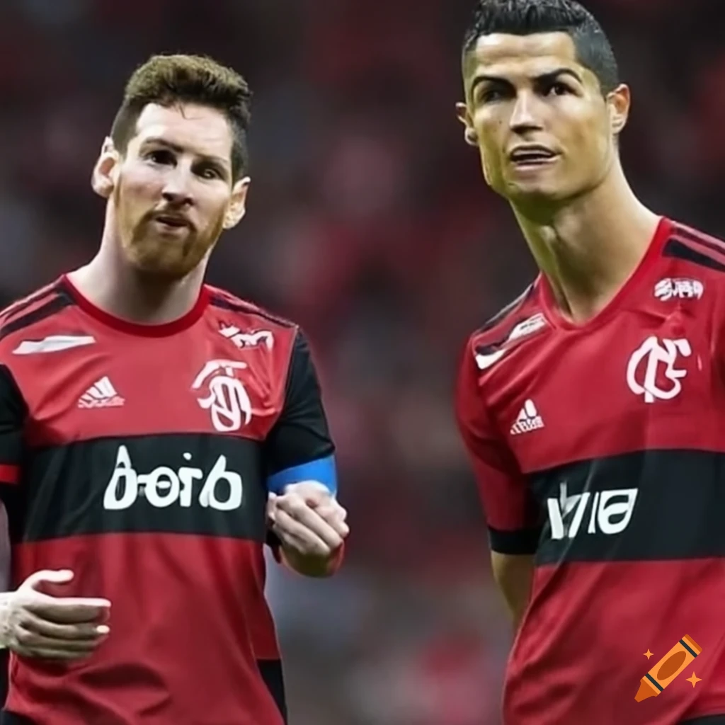 Messi and cristiano ronaldo wearing flamengo jerseys on Craiyon
