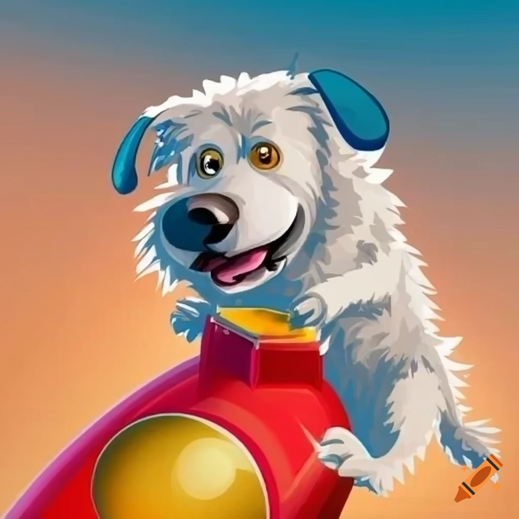 Cartoon of a scruffy white dog riding a red rocket