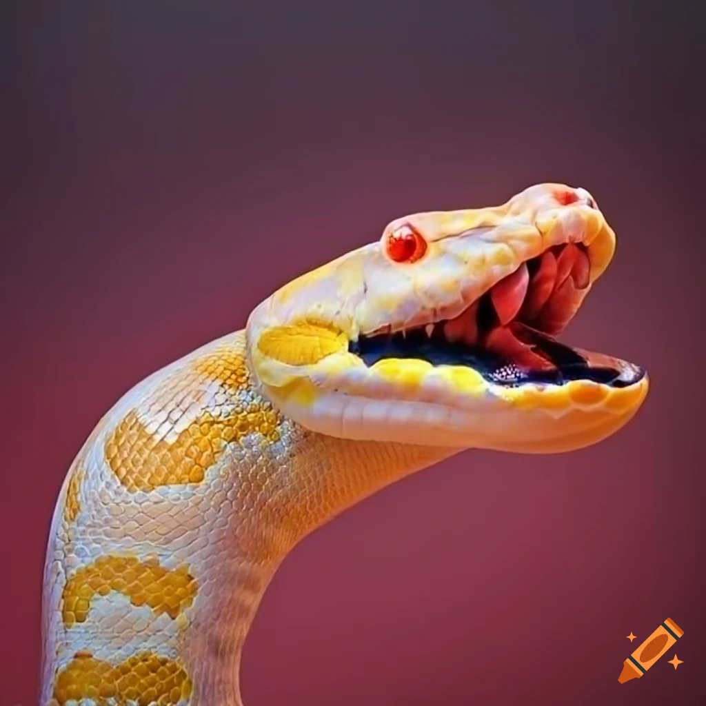 Albino python with open mouth on red backdrop on Craiyon