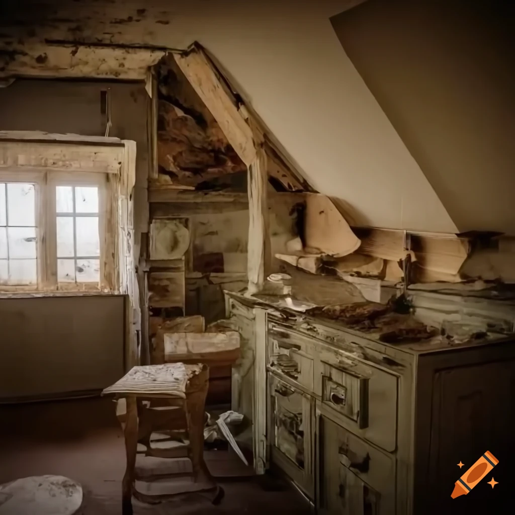 Foggy abandoned attic kitchen with peeling paint and skylights