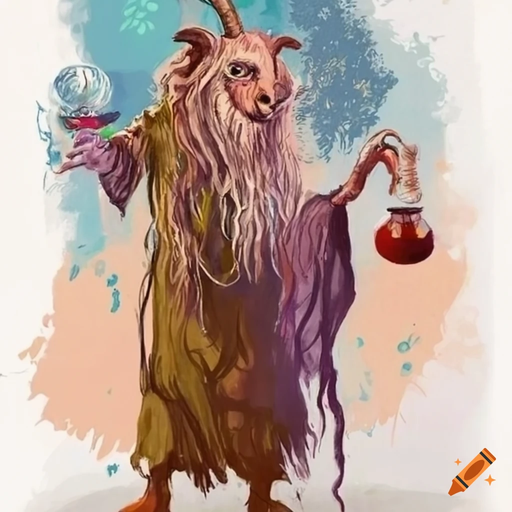 Fantasy hag with a goat face offering a potion
