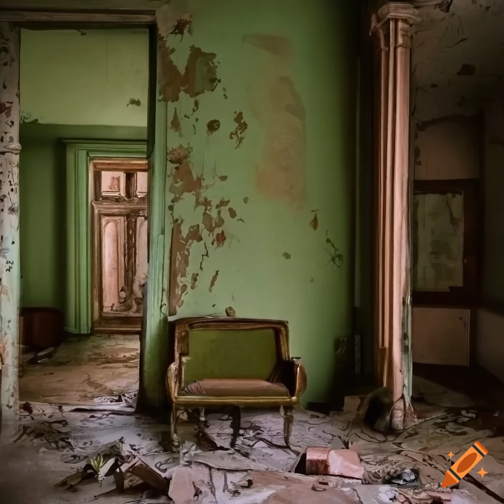 Abandoned ornate room with peeling paint and missing wall leading to a