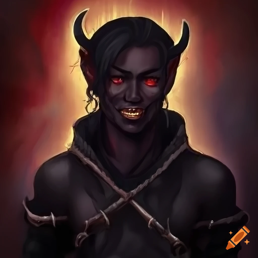 Smiling male black tiefling with short dark hair, horns, and red eyes in a symmetrical painting