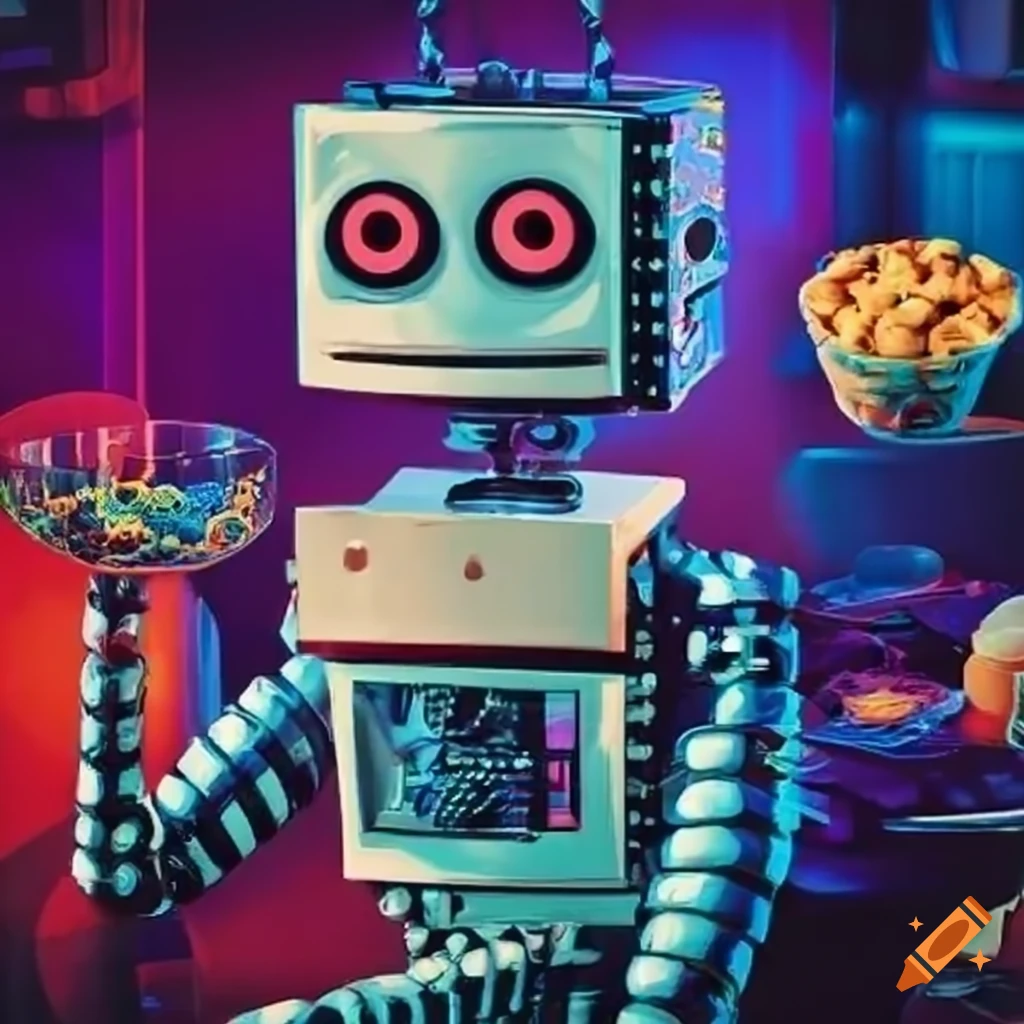 Vintage cereal box featuring a robot DJ and brunch crowd