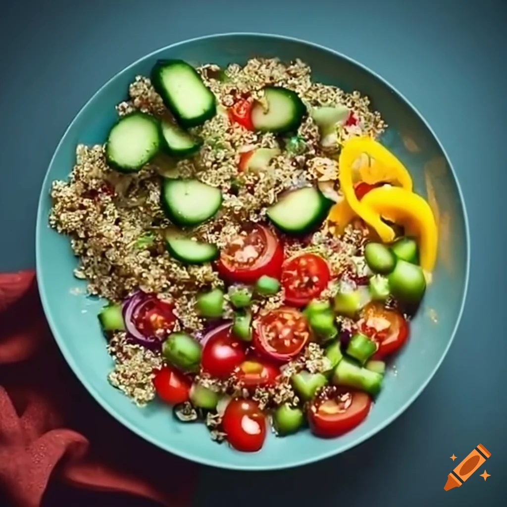 Colorful quinoa salad with diced cucumber, yellow bell pepper, edamame, and cherry tomatoes