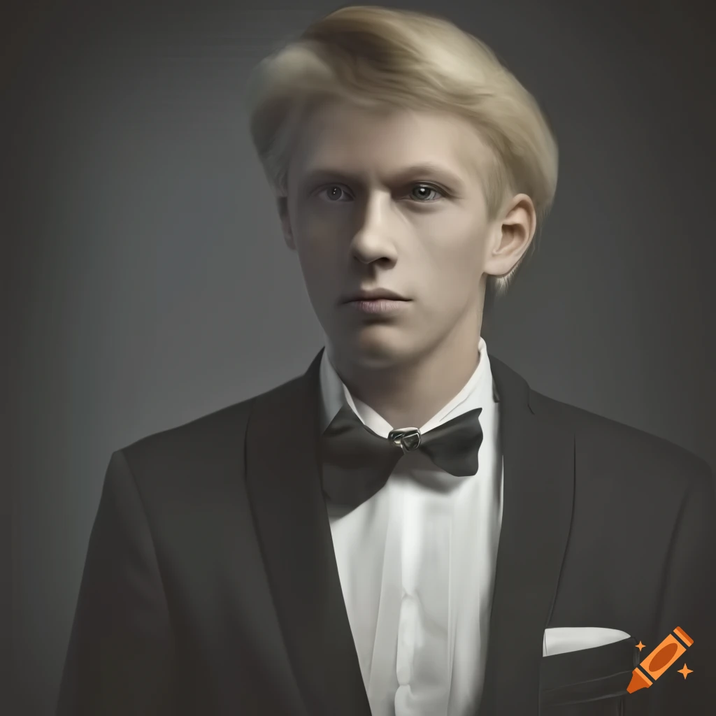 Handsome blond man in a tuxedo under a dramatic spotlight