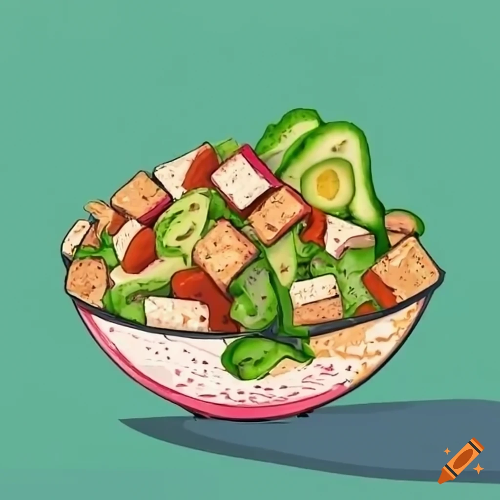 Salad bowl with romaine, marinated organic tofu, avocado, cucumbers, sweet potatoes, almonds, and sesame seeds, with a lime wedge
