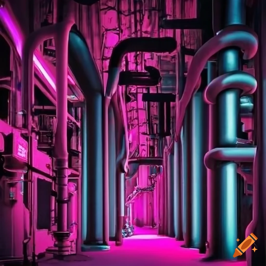 Dark factory with pipes and pink lighting