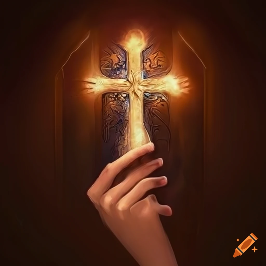 Woman's hands holding an engraved cross in a fantasy art