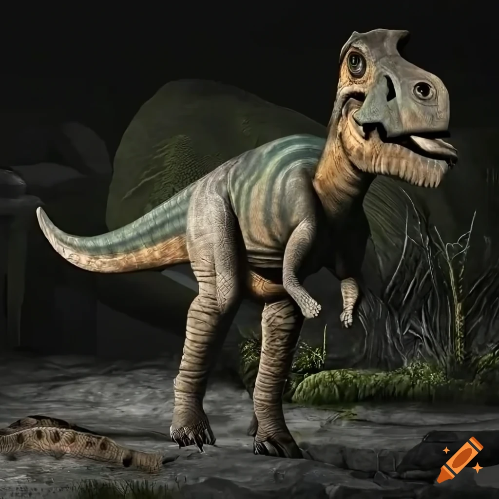 Hefty Hadrosaurus dinosaur with a monitor lizard color pattern in warm morning light