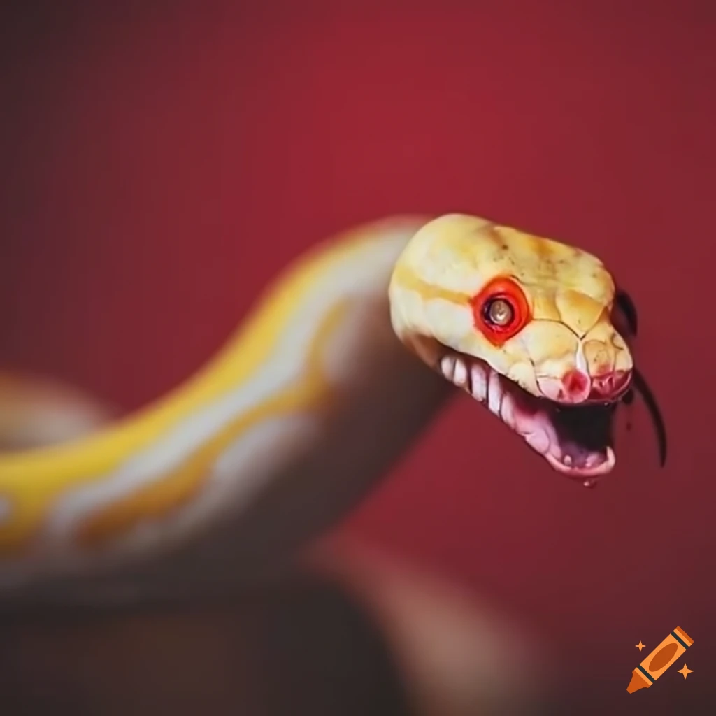 Albino python with open mouth on red backdrop on Craiyon