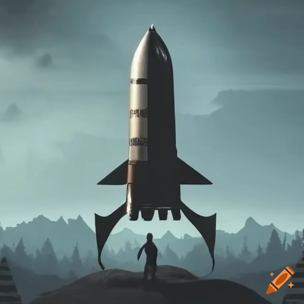 Black rocket with black flags preparing for take off with ninjas standing on top