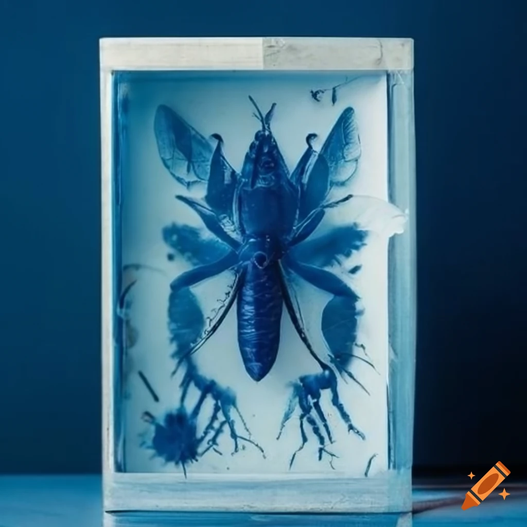 Insect specimen box with strange insects in cyanotype photo on Craiyon