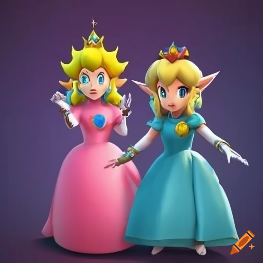 Princess peach and link in pink silk ballgowns posing together on Craiyon