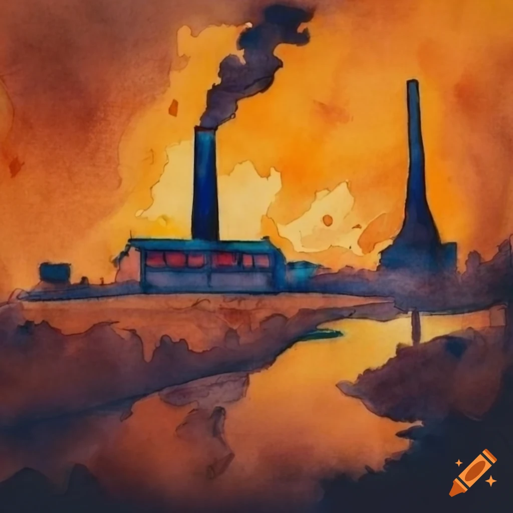 Watercolor drawing of a factory polluting a river with dark and orange tones