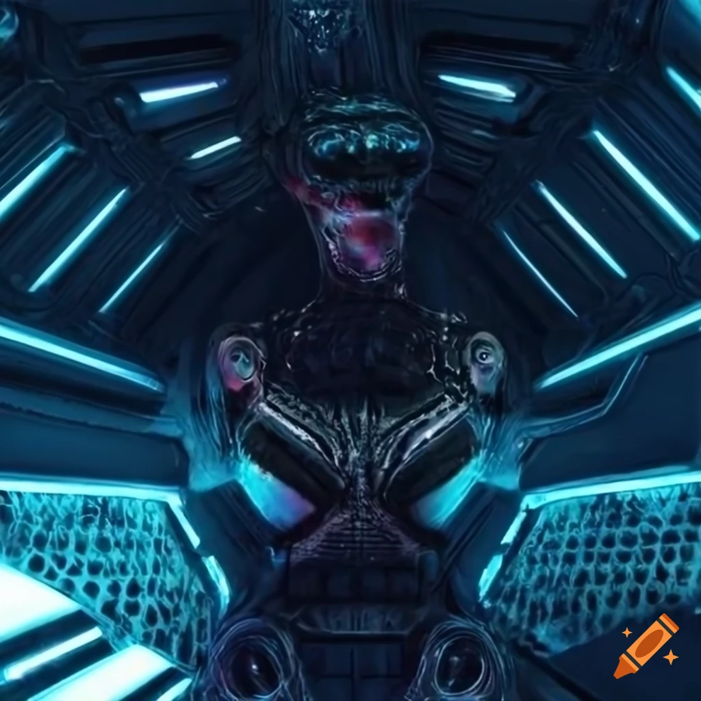 Epic 8k resolution interior of a spaceship with surreal aliens and organic machines