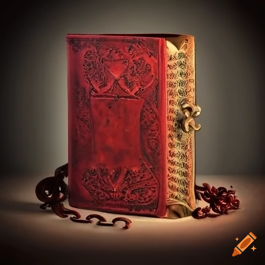 Ancient red leather bound book with clasps and chains