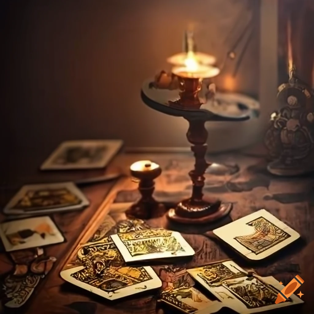 Tarot cards on antique table with steampunk style