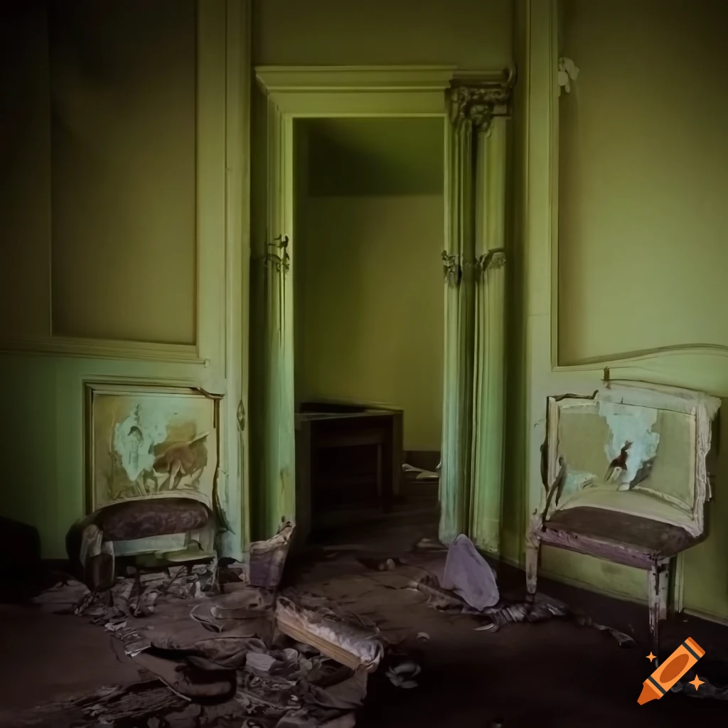 Abandoned ornate room with peeling paint and a missing wall leading to