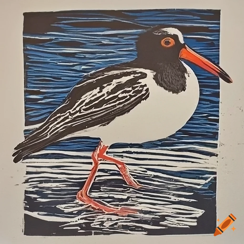 Pied oystercatcher linocut artwork on Craiyon