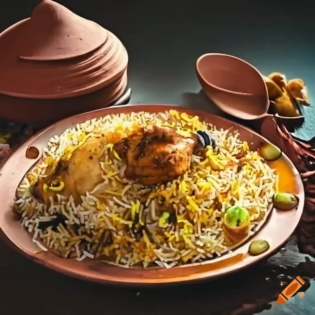 Delicious chicken biryani in a white earthen pot