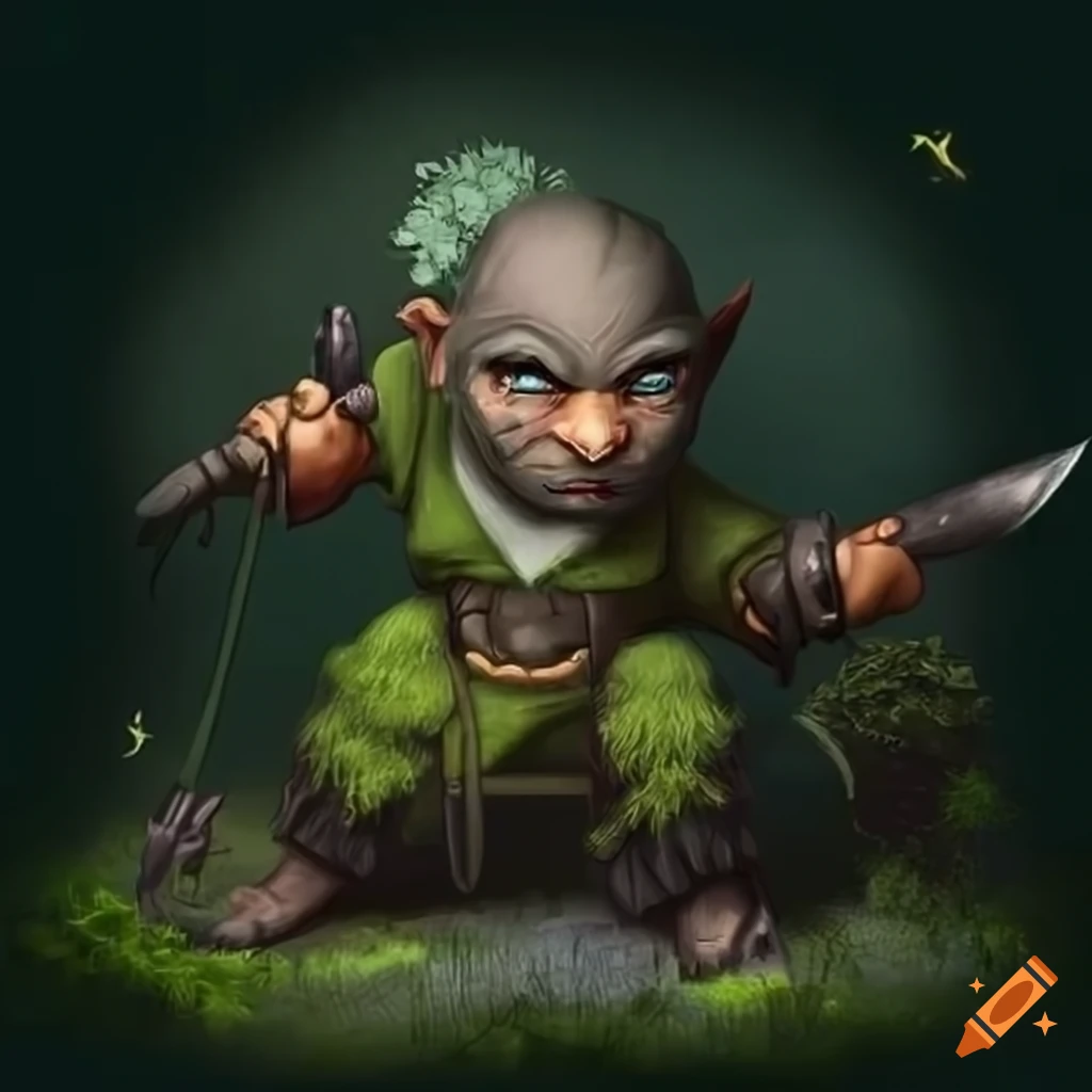 Genderless rock gnome monk with mossy dark green hair and tinker tools