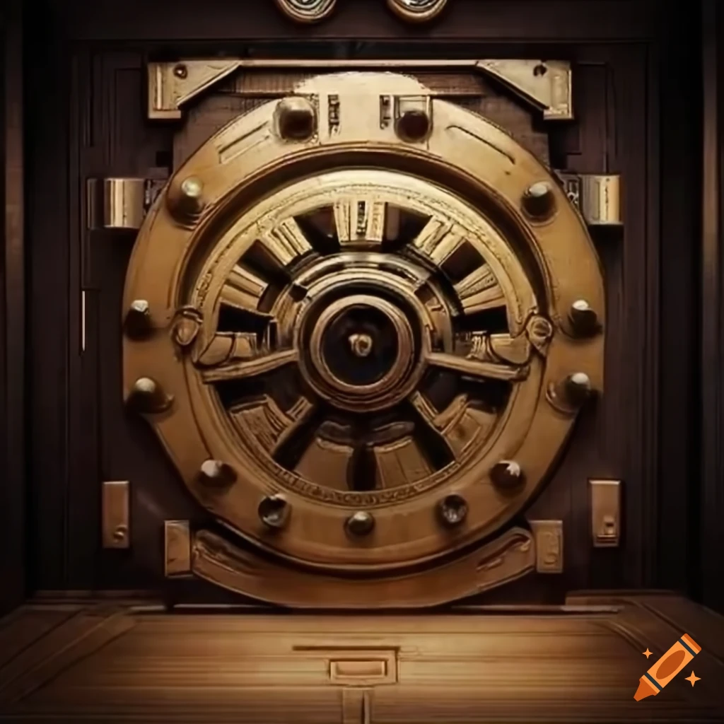 Intricately detailed bank vault with a sturdy steel door and complex lock