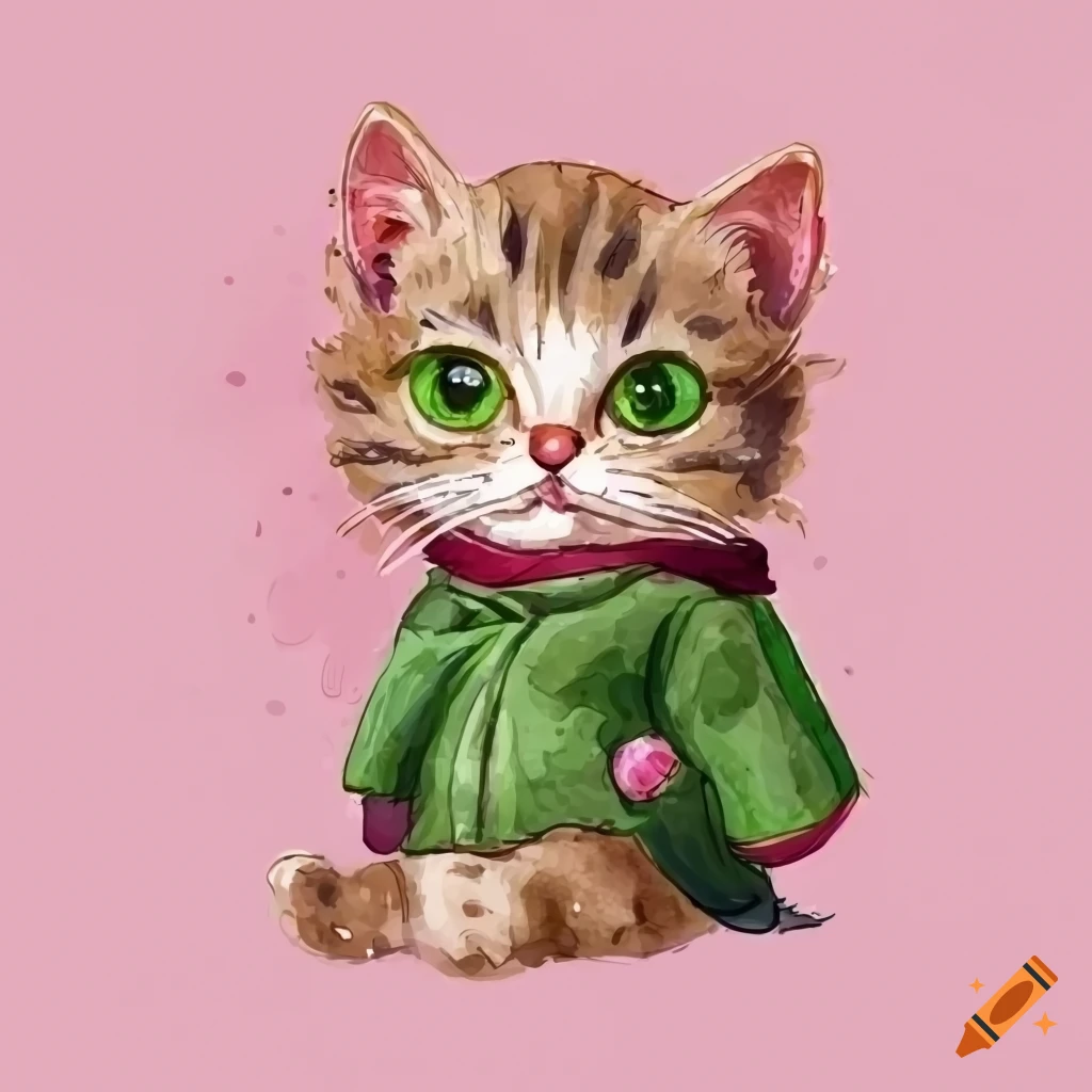 Cartoon style cute and fluffy rose kitten with green coat and backpack