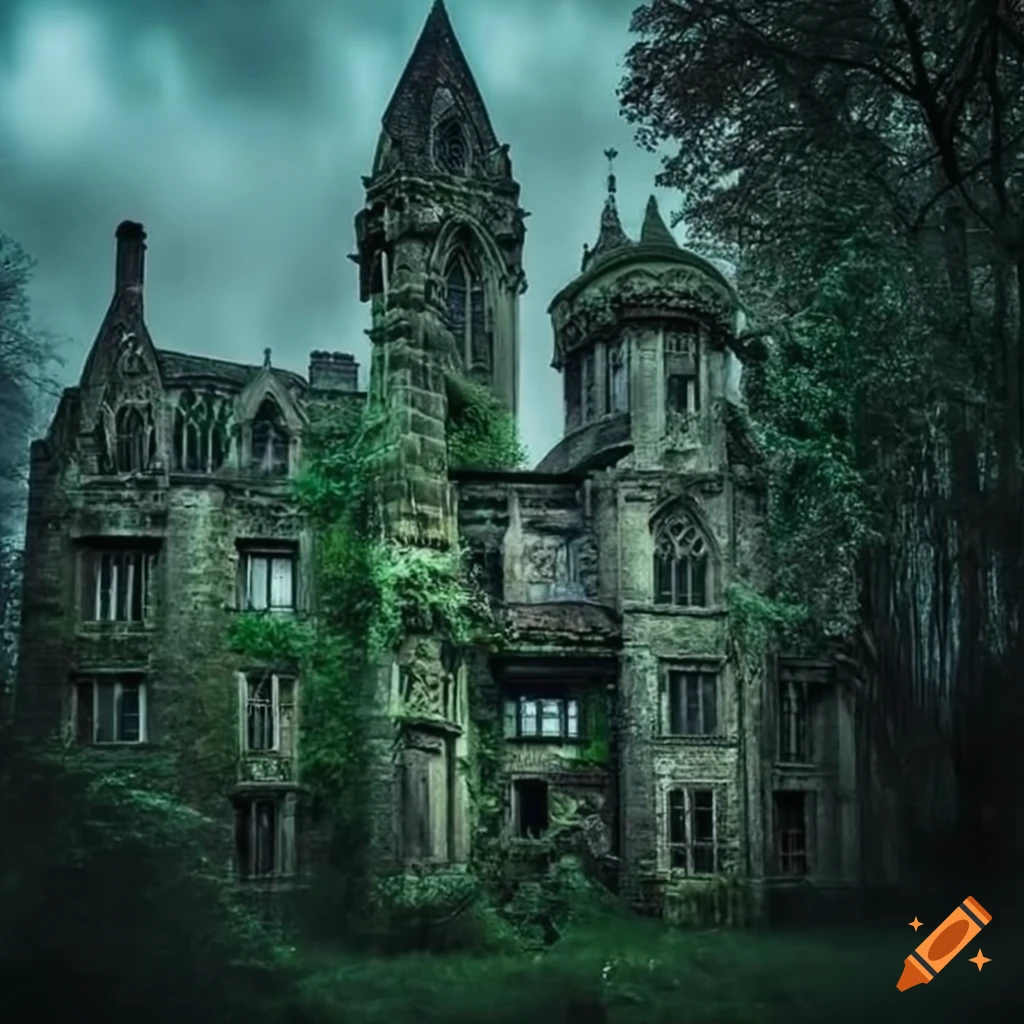 Eerie and decaying Gothic mansion with overgrown plants and lonely atmosphere
