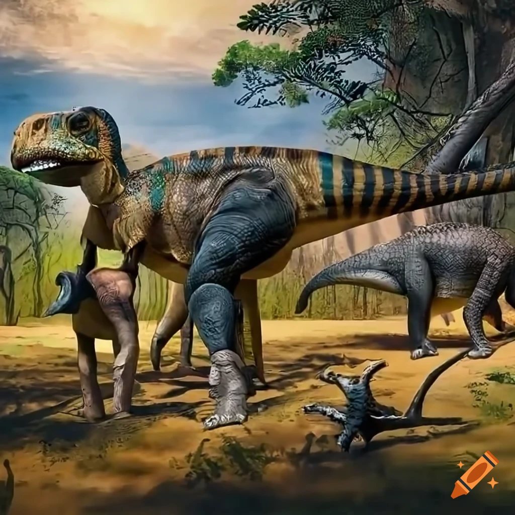Hefty Hadrosaurus dinosaur with intricate color pattern in warm morning light