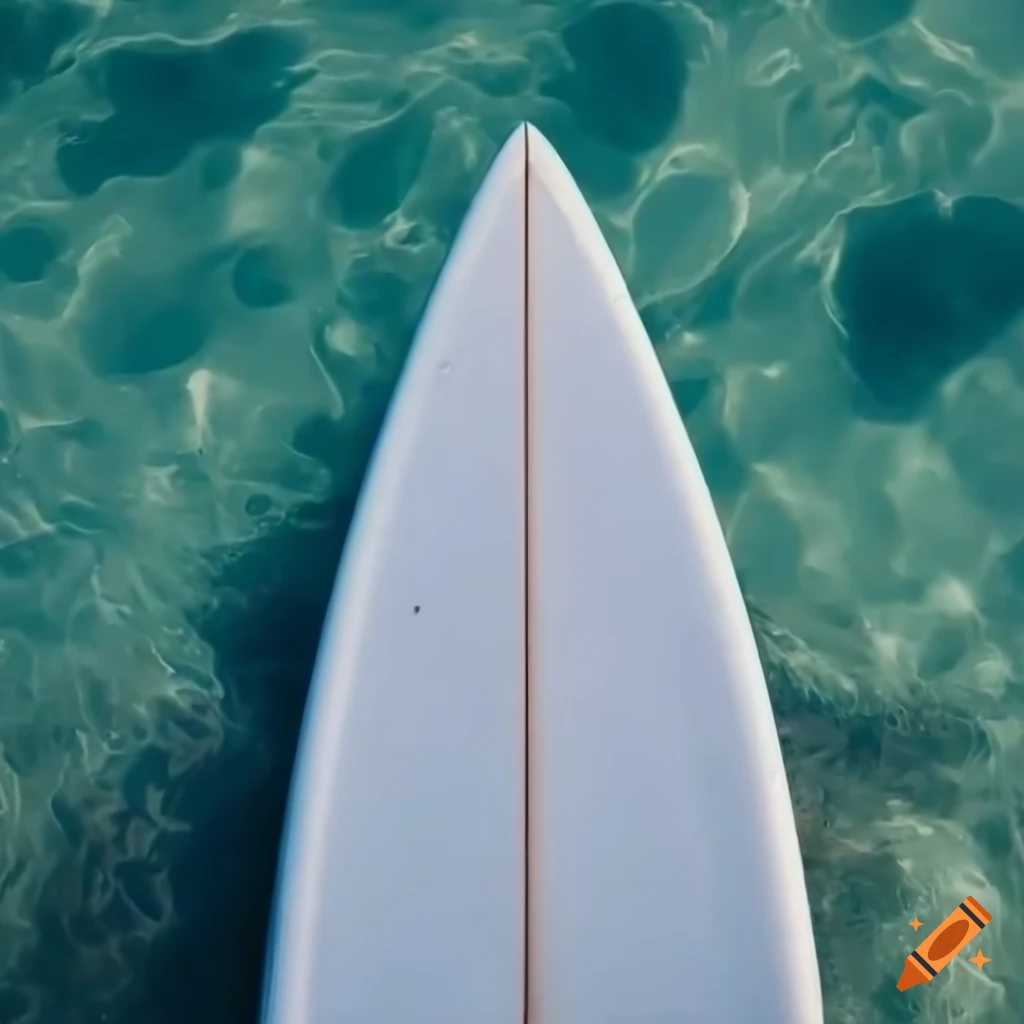 Closeup of a white surfboard floating on the ocean from above on Craiyon