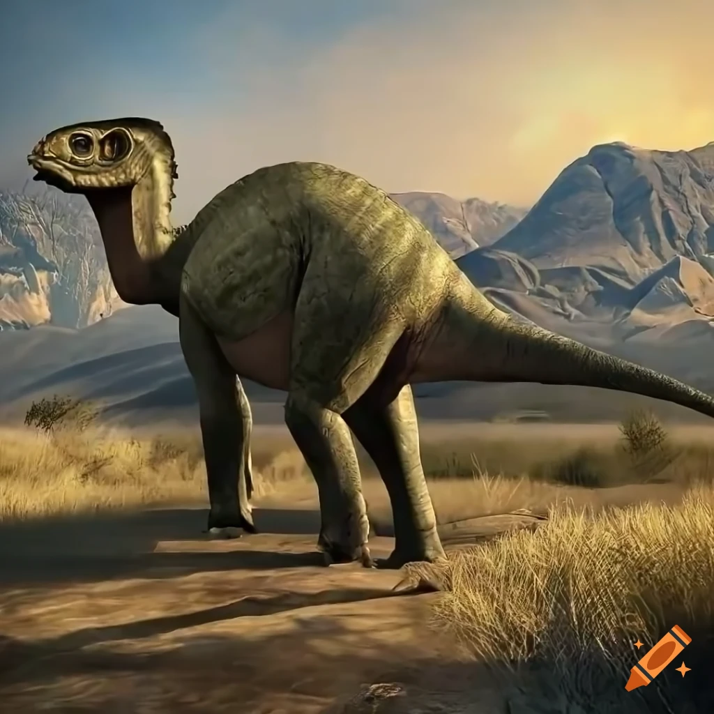 Hefty Hadrosaurus dinosaur with a monitor lizard color pattern in warm morning light
