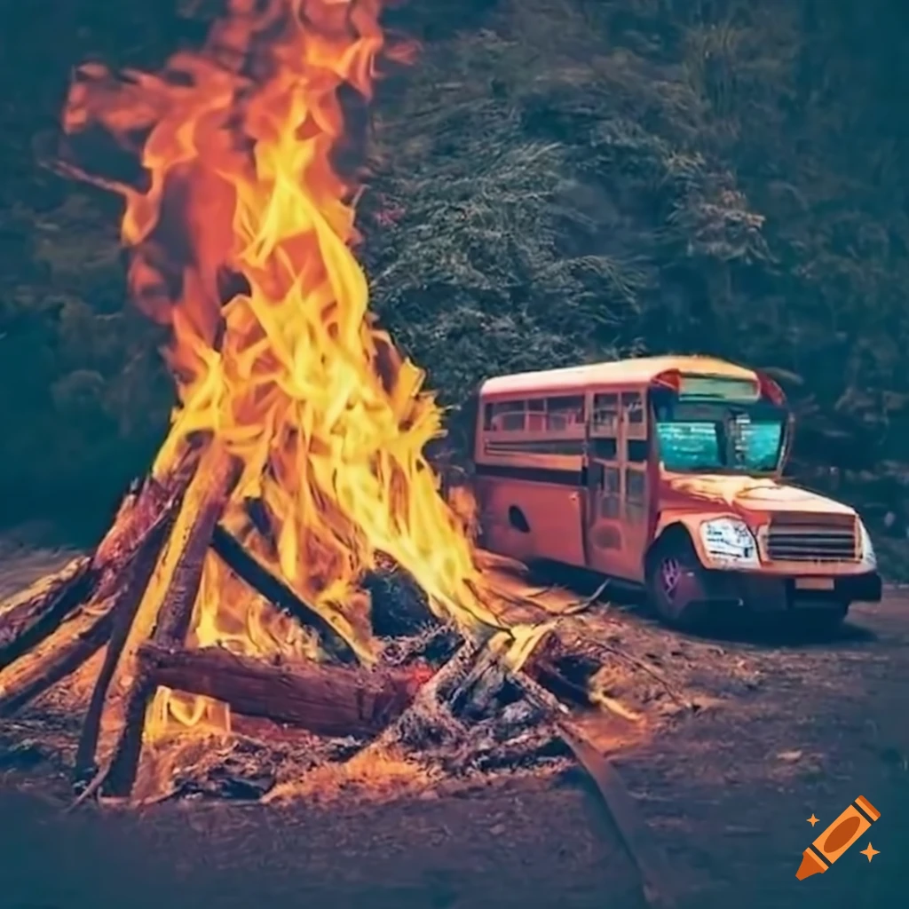 Bonfire with a school bus in Mexico