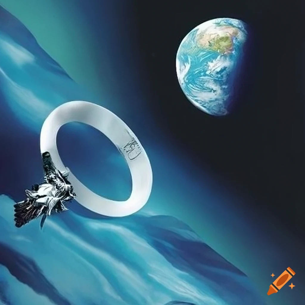 Giant tundra zeus brand wedding ring floating above earth in a