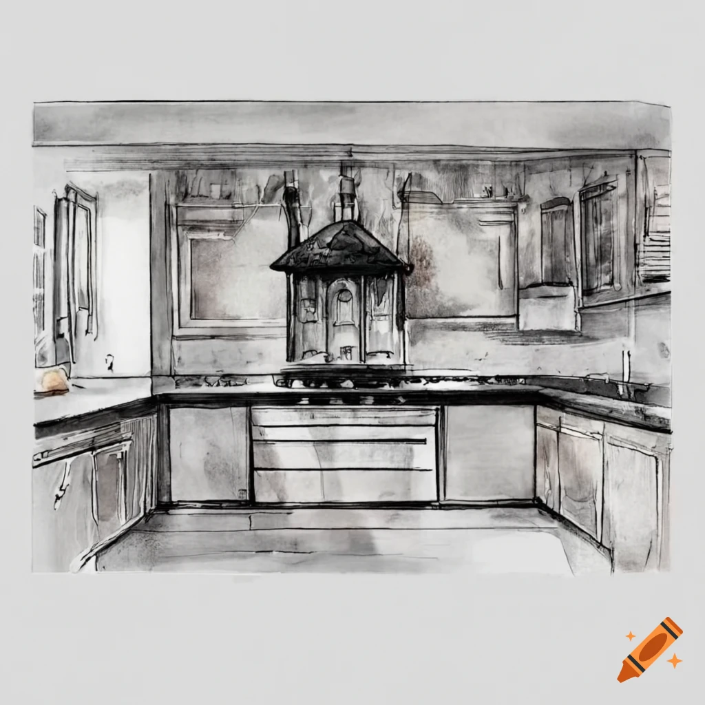 Modern black and white architectural drawing of a kitchen on Craiyon