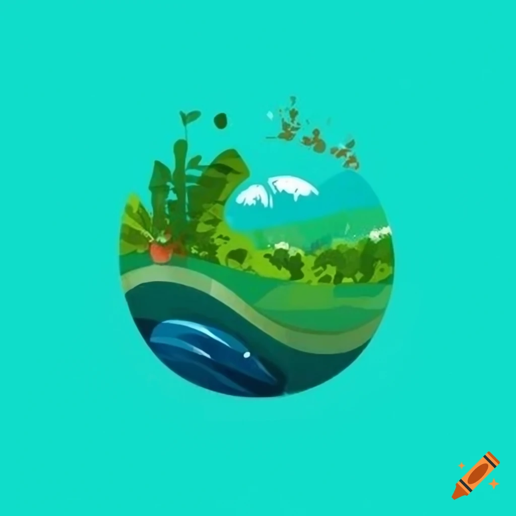 Logo for an organic community garden with river, fruits, and vegetables
