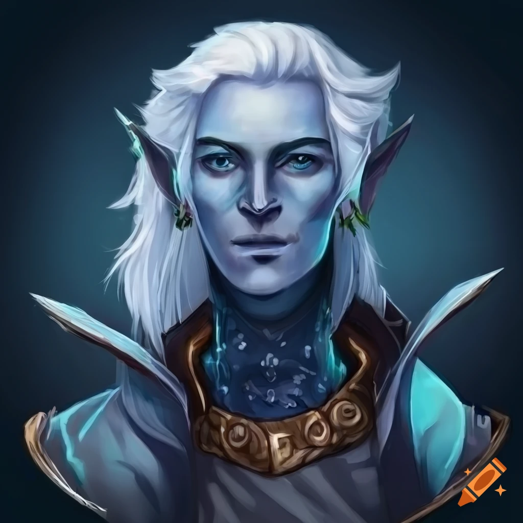 Enigmatic male air genasi ranger with blue skin and white hair on Craiyon