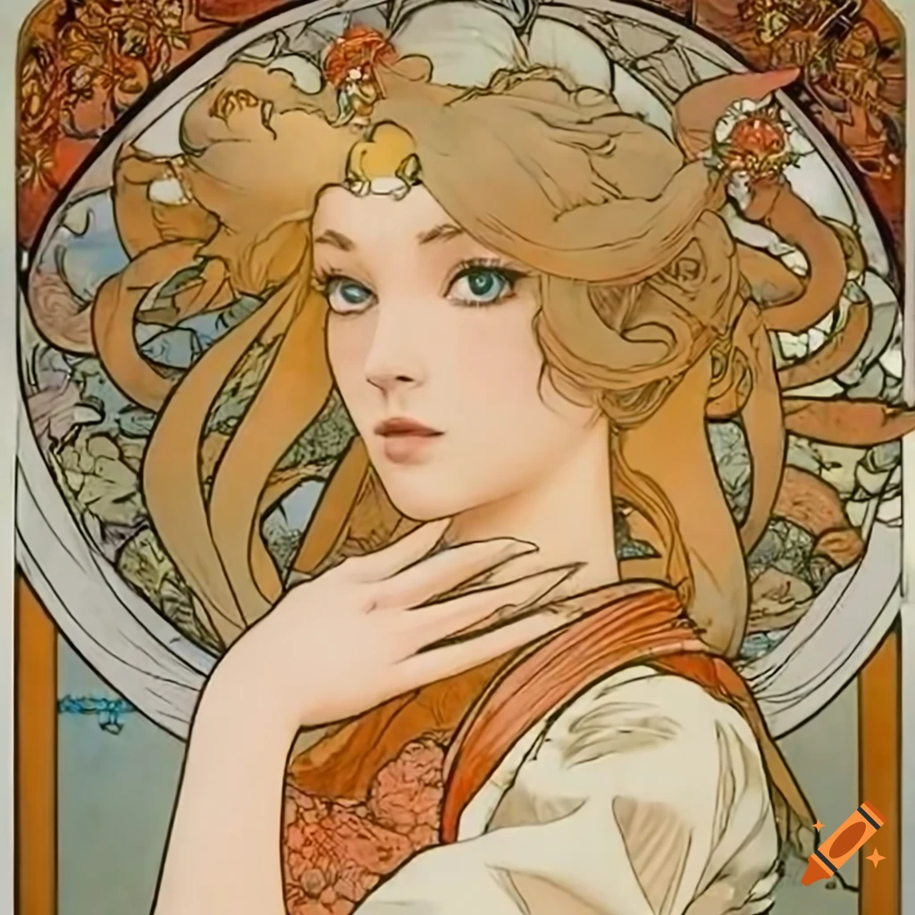 Sailor Moon in an intricately detailed portrait by Alphonse Mucha