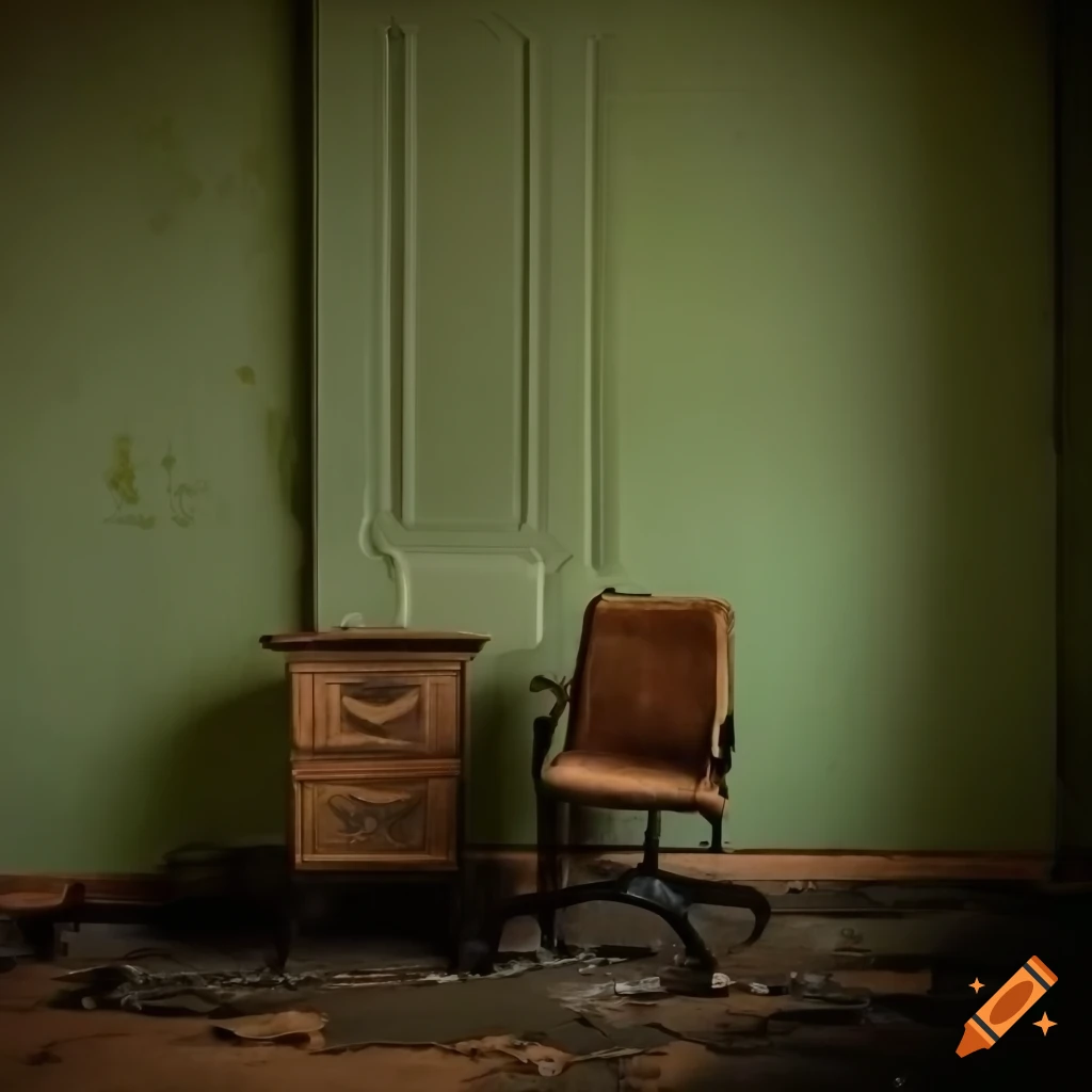 Abandoned ornate room with peeling paint leading to a dark office with