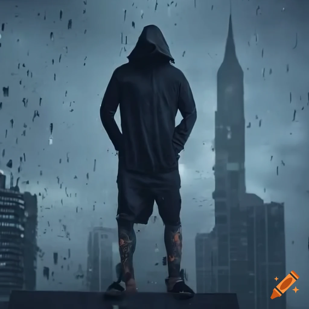 Hooded and tattooed parkour man standing on building with skyline, moon, and rain