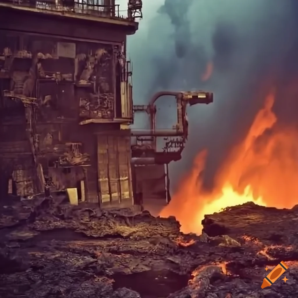 Industrial factory with lava and mechanical hazards
