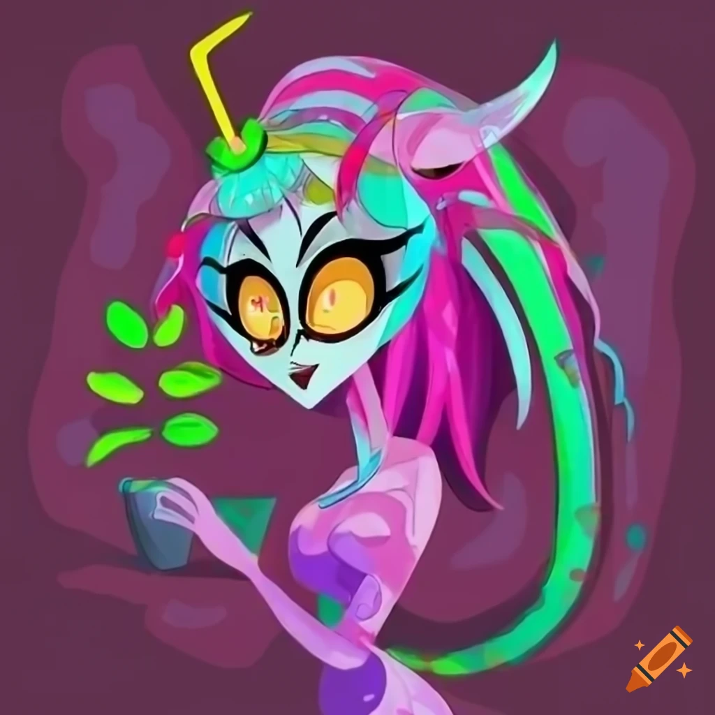 Unique female demon character from Hazbin Hotel with green skin and purple hair