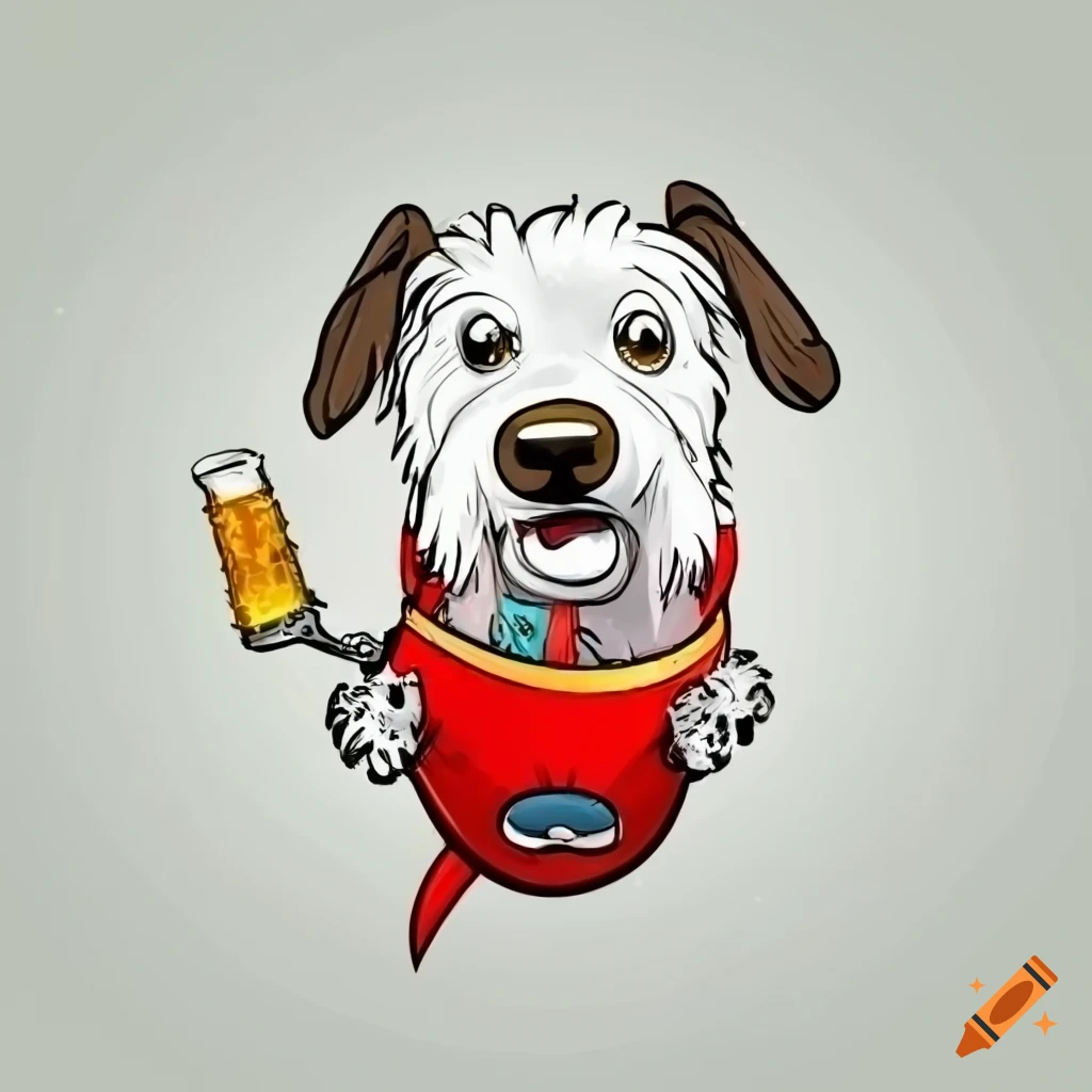 Cartoon of a scruffy white dog riding a red rocket