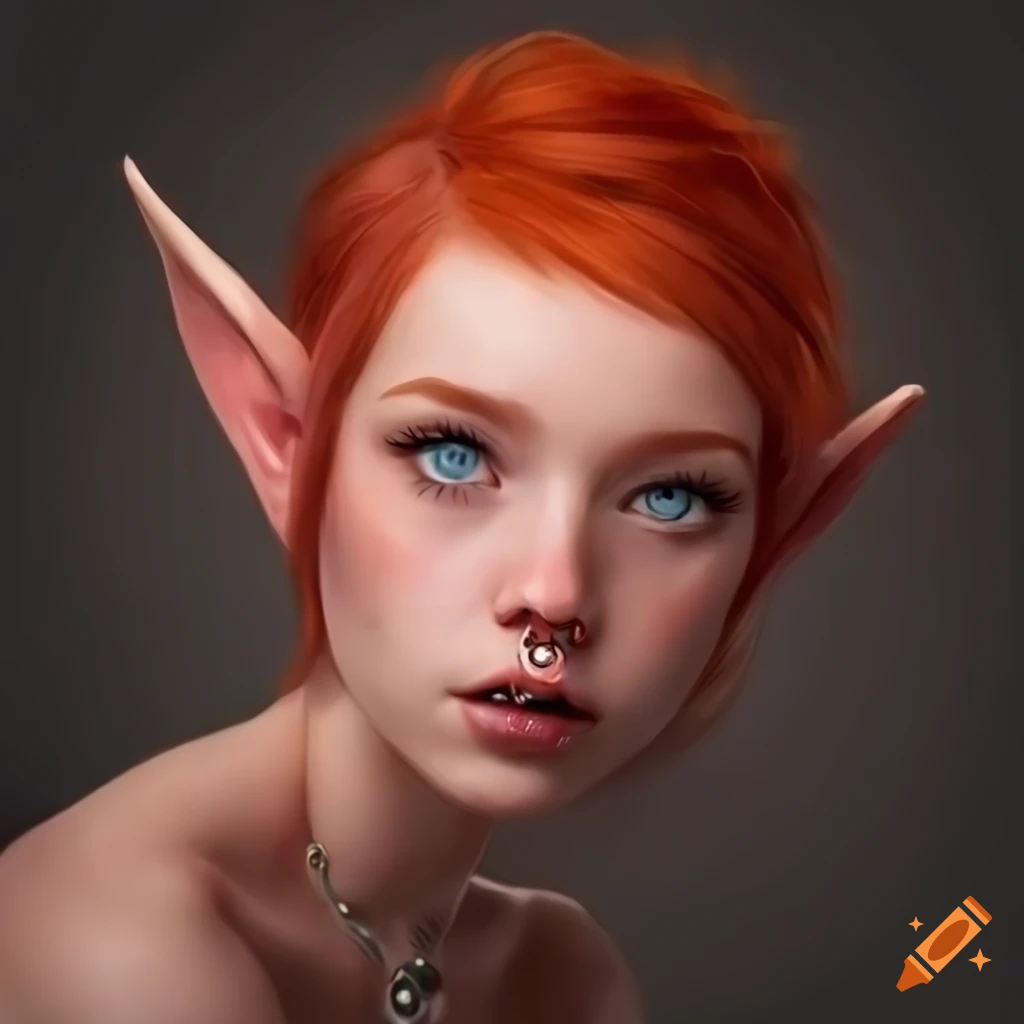 Girl with red wolf cut hair, pale skin, and elf ears with piercings